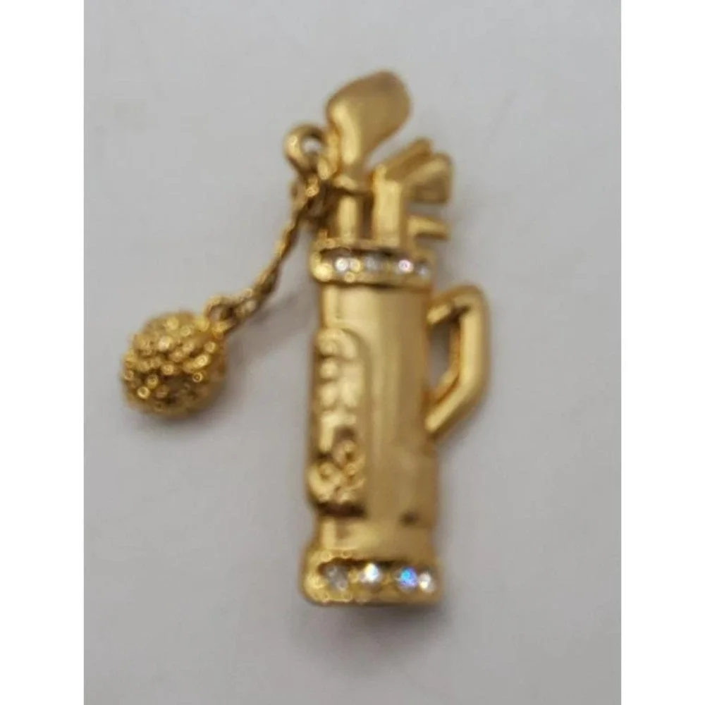 Gold Tone Golf Pin Brooch Golf Club Bag Rhinestone Golf Ball & Chain